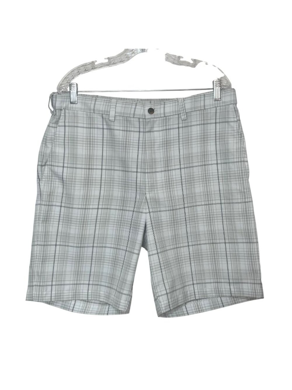 Plaid Golf Shorts Mens Size 34 White Gray Lightweight Casual Flat Front